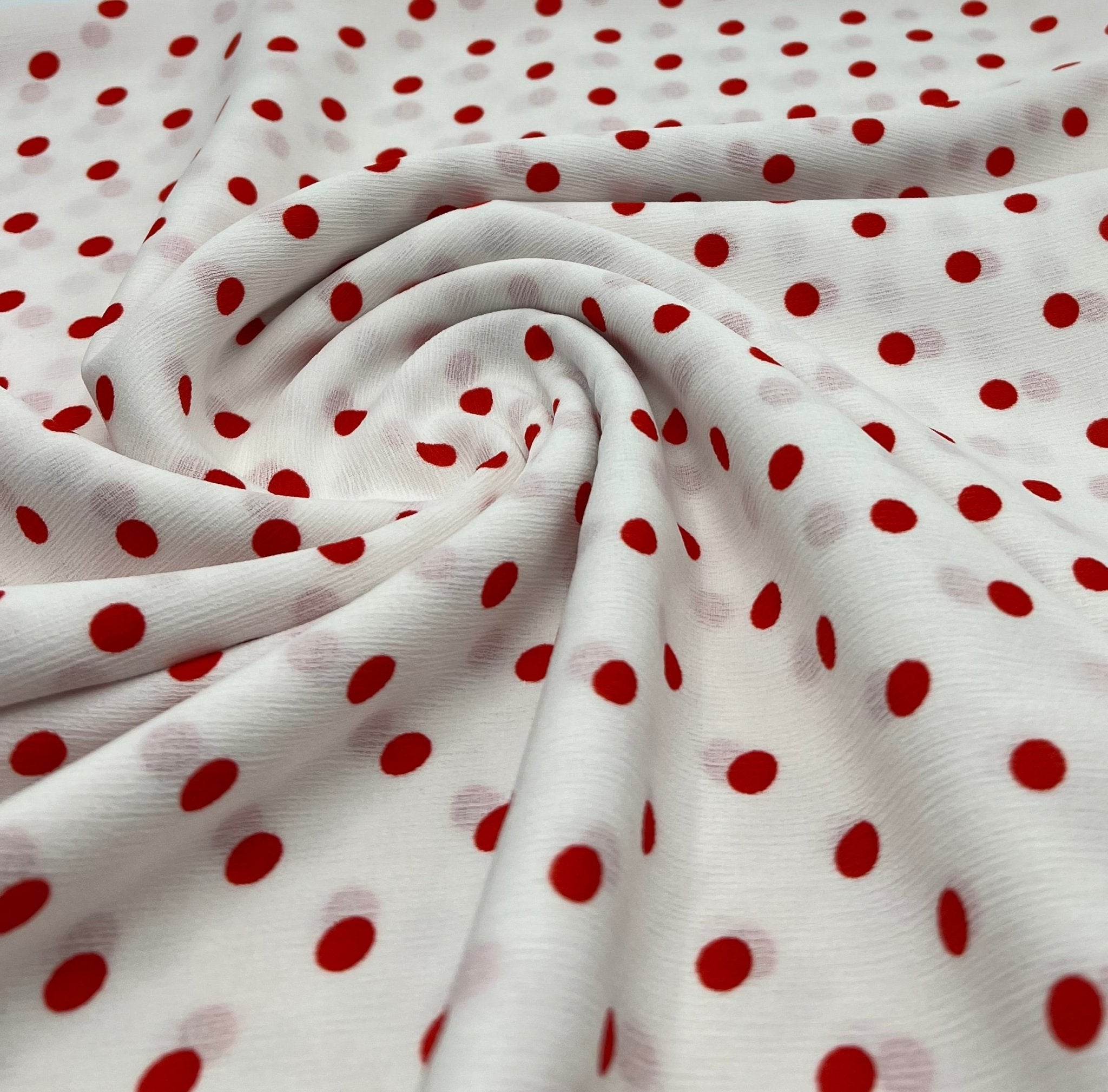 White Red Polka Spot Lightweight Crepe Non Stretch Fabric - T9 Fabrics